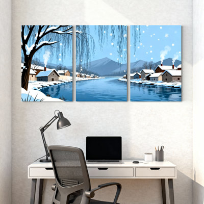 Hiver, forêt, village d'hiver, paysage enneigé, montagnes, arbres, maisons, ensemble de 3 impressions sur toile
