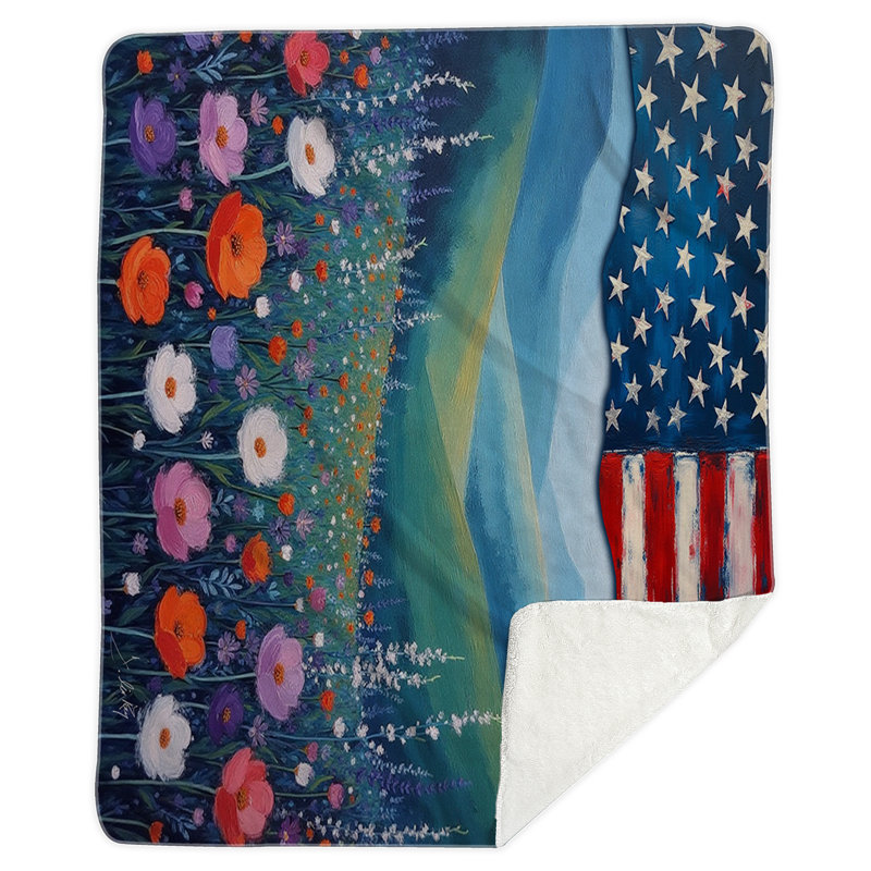 Landscape With US Flagbeach Medium Sherpa Blanket, 60" W x 80" L