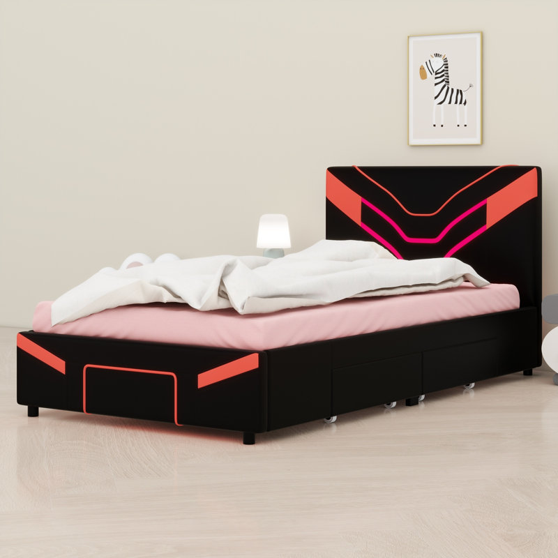 Lit plateforme tapissier à DEL avec tiroirs, Rouge