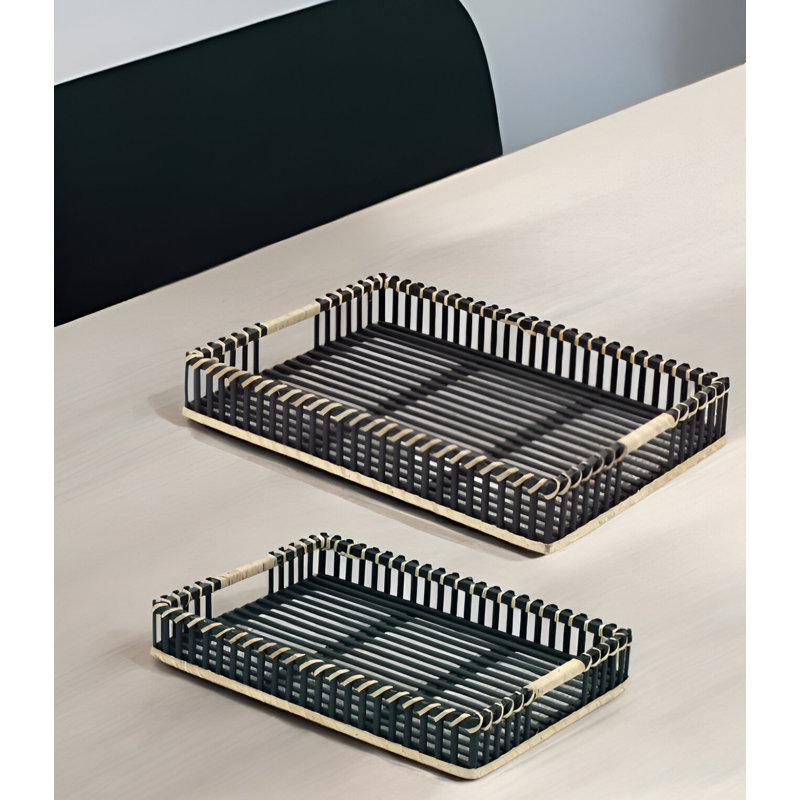 Ensemble de deux plateaux de service rectangulaires noirs en bois massif avec poignées