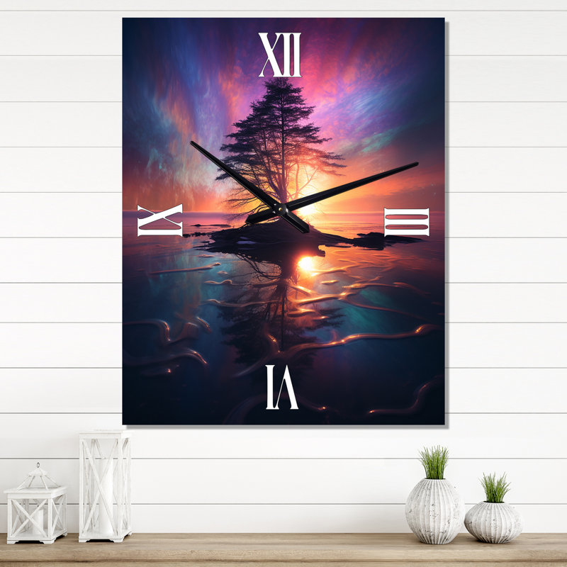 Horloge murale majestueuse arbre dans le lac Aurore boréale, Médium