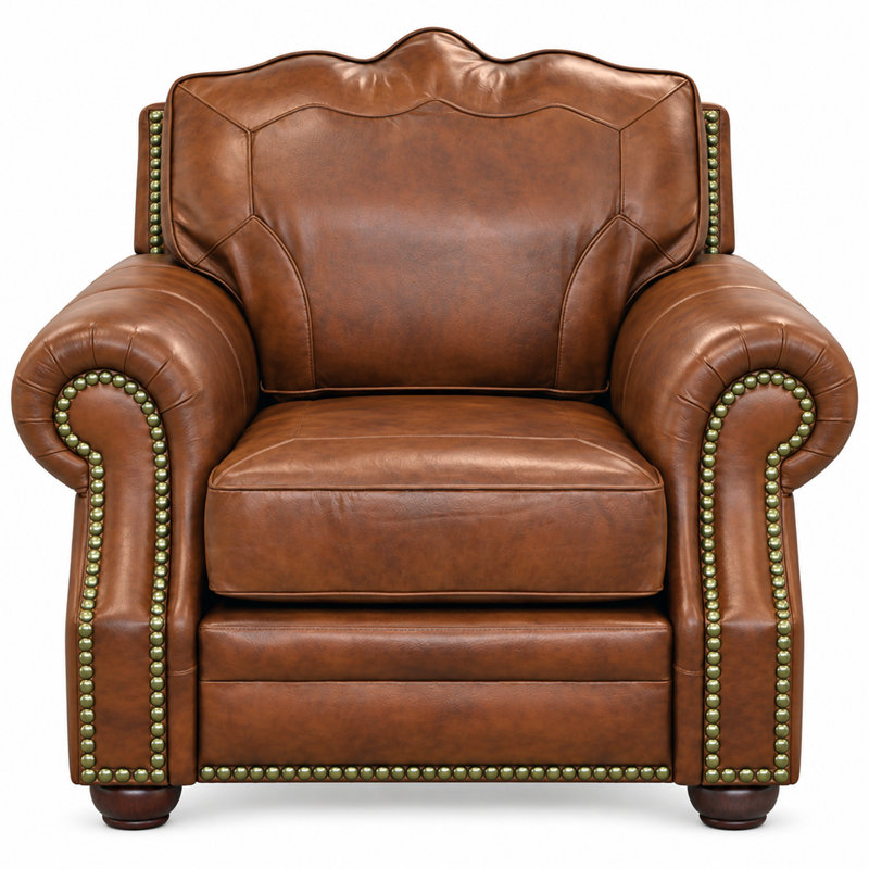 Fauteuil club en cuir véritable avec garniture cloutée 48 po Stana, Cuir véritable noyer Berkshire