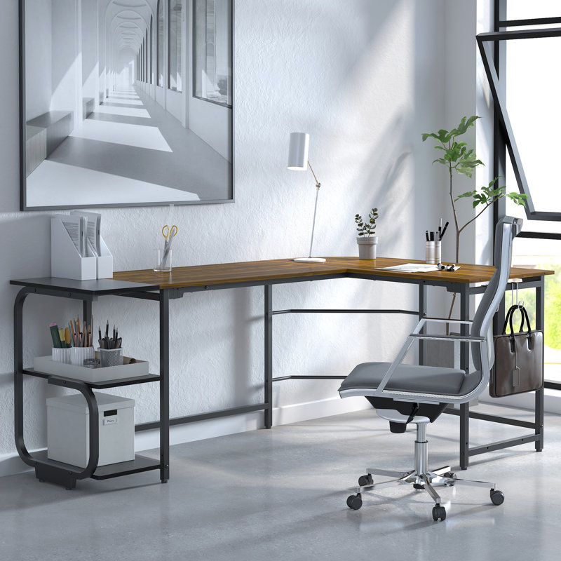 Violetrose L-Shaped Metal Base Computer Desk, Teak