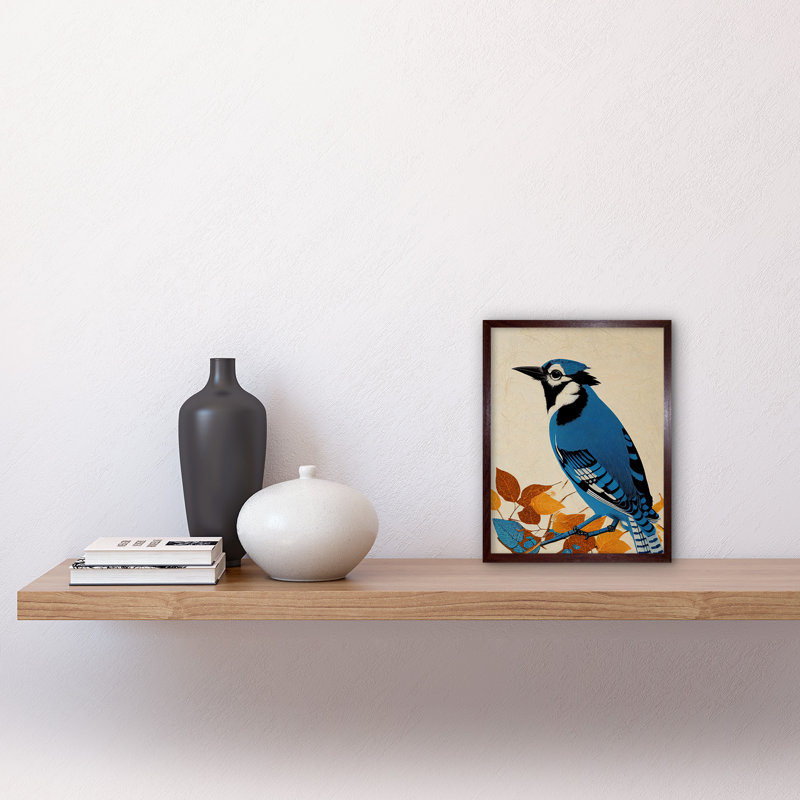 Blue Jay Textured Autumn Bird 1 Piece Wall Art, 25.9cm H x 20.6cm W, Brown Framed Paper