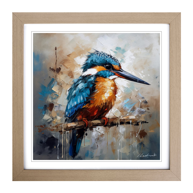 Kingfisher Expressionism No.1 - Single Picture Frame Print on Wood, Oak
