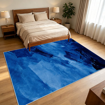 Tapis de salon abstrait bleu marine à motifs aquarelle, doux et confortable, adapté à toutes les saisons, pliable, facile d'entretien, lavable à la machine, idéal sous une table de style champêtre dans un salon.