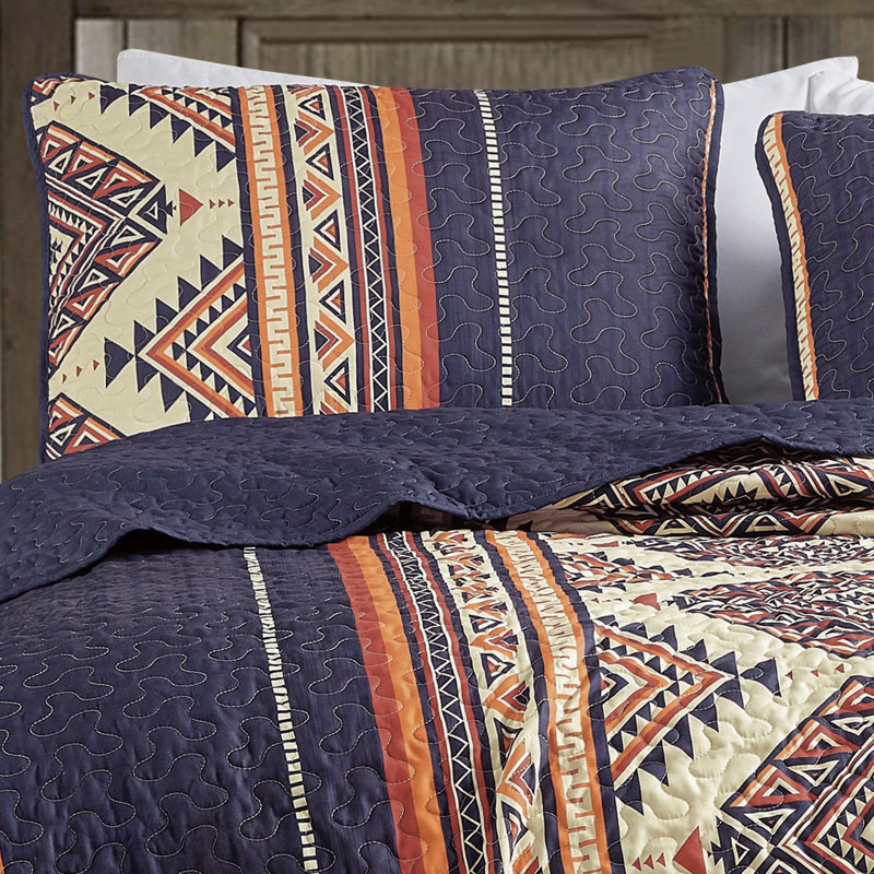 Navy Aztec Print Microfiber Quilted Reversible 3 Piece Bedspread Set，Queen, Queen Bedspread + 2 Standard Pillowcases