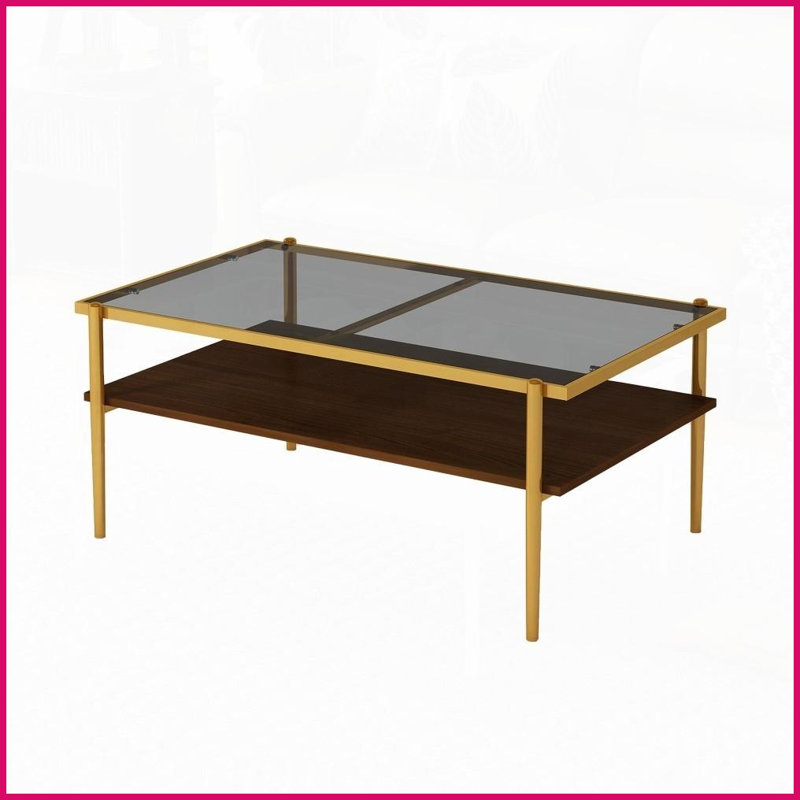 Gray Tempered Glass Living Room Coffee Table with Golden Legs – Easy-Clean &amp; Stable Design, Gold/Brown
