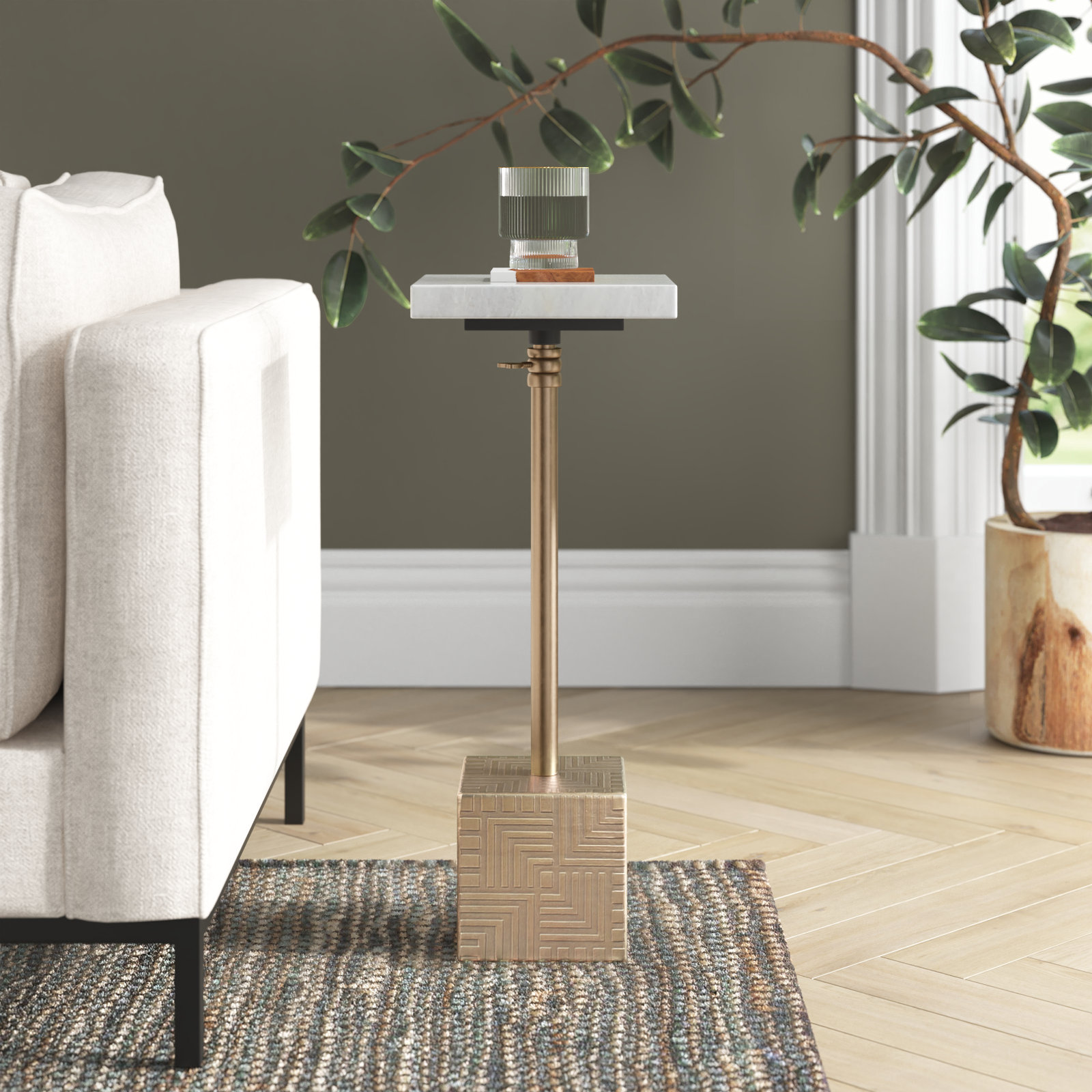 Yeni 10" Genuine Marble End Table, Antique Brass