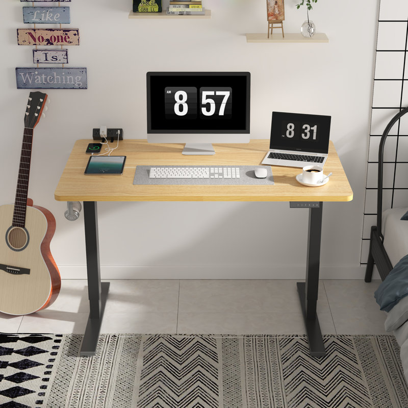 Adjustable Standing Desk, Whole-Piece Desktop, Maple/Black, 48" W x 30" D
