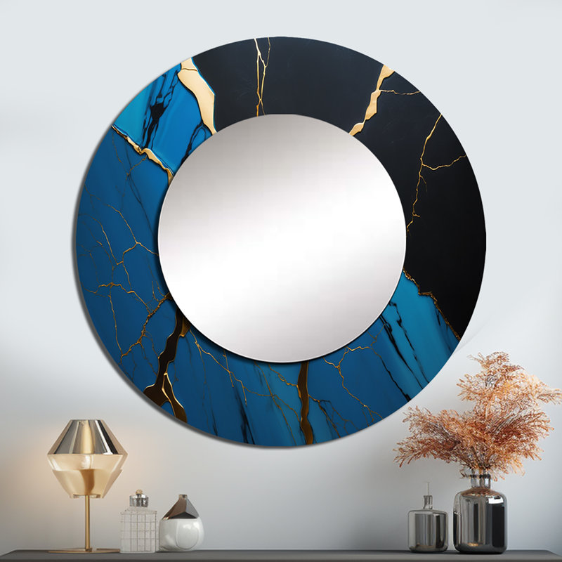 «Pestonit Abstract Geode Blue II» - miroir en marbre, miroir mural rond bleu, impression sur métal, 23 po x 23 po