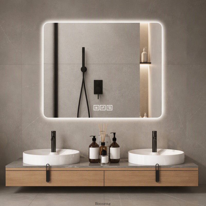 Miroir de salle de bain 28 po x 36 po à DEL, à éclairage avant et rétroéclairé, anti-buée, 3 couleurs, à intensité variable à 5 niveaux, fixation murale horizontale et verticale