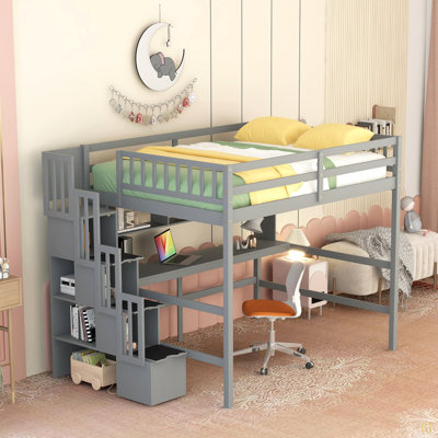 Full Size Loft Bed With Desk, Storage Shelves And Staircase