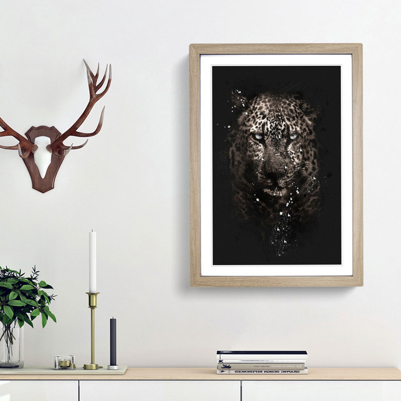 Leopard In The Dark Paint Splash - Picture Frame Graphic Art, Oak Framed, 33cm H x 24cm W x 2cm D