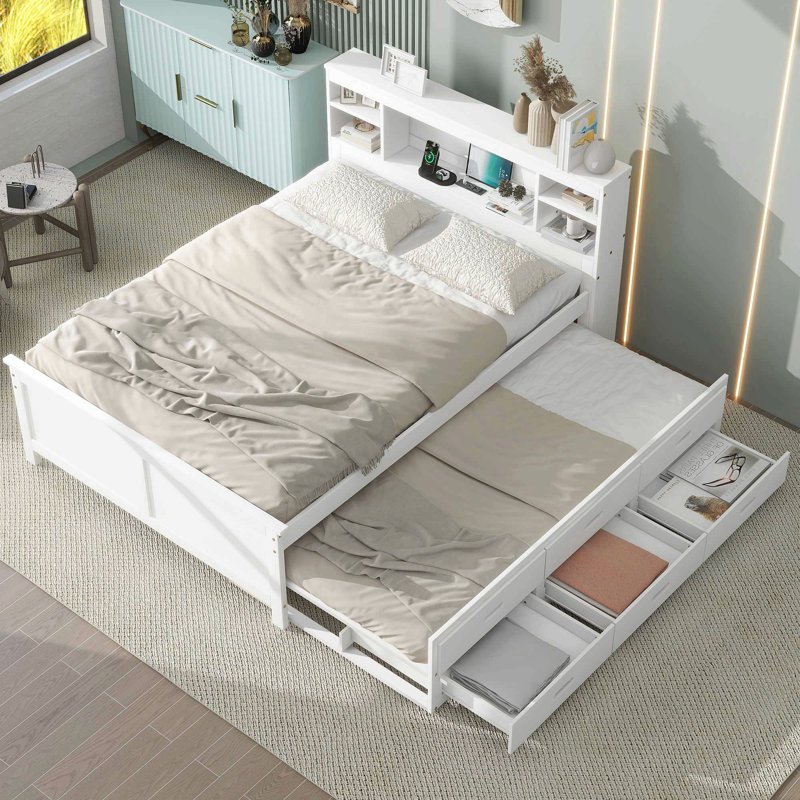 Lit plateforme double avec tête de lit à rangement, USB, lit gigogne simple et 3 tiroirs, Blanc
