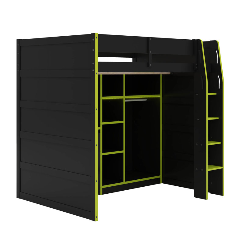 Lit mezzanine double avec bureau, lumières RVB, garde-robe et compartiments de rangement, Vert