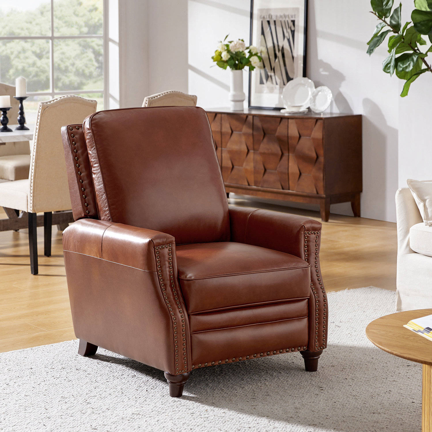 Andrena Genuine Leather Recliner with Nailhead Trim, Brown Genuine Leather