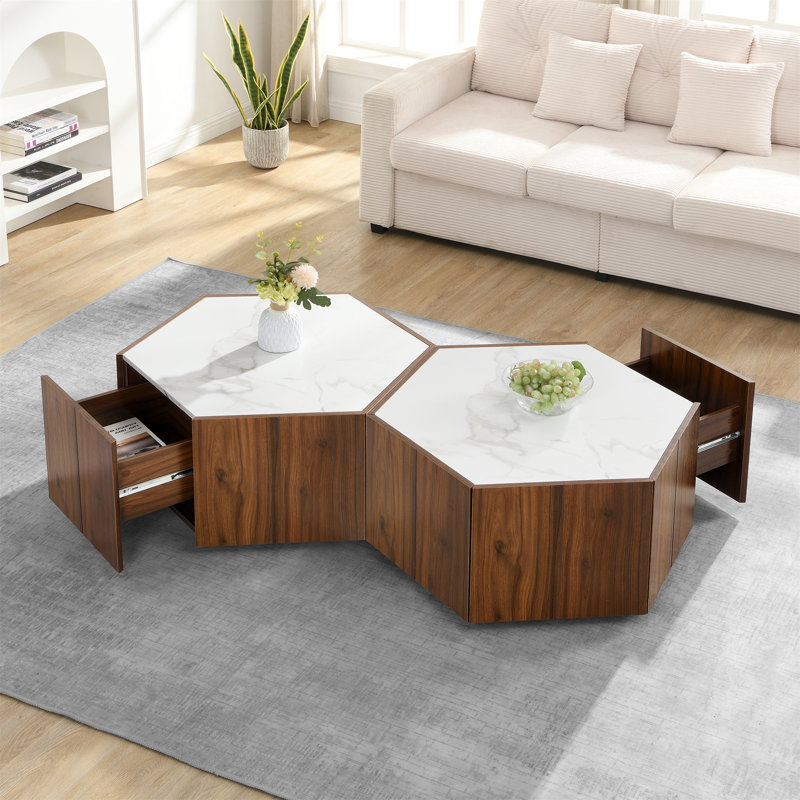 Table basse hexagonale rustique en bois rétro (table incluse seulement), Noyer, Blanc