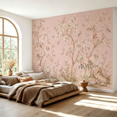 Wall Mural Peel and Stick Wallpaper Vintage Floral Cherry Blossoms Roses Birds Butterflies Soft Pink Self-Adhesive Removable Contact Paper Wall Decor for Living Room Bedroom 69"H x 96"W