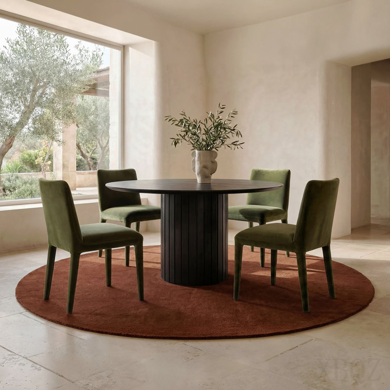 Table de salle à manger ronde, bois d'acacia massif, finition semi-lustrée noircie, sièges 4