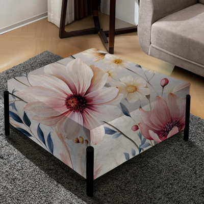 Grand repose-pieds carré rose et beige Wildflower Paradise