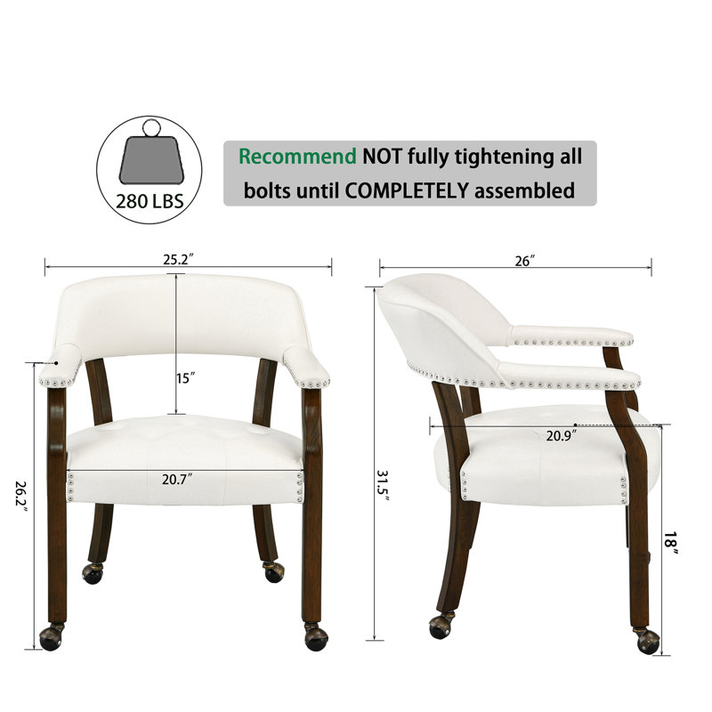 Chaises de salle à manger pivotantes et capitonnées avec roulettes et accoudoirs, 2, Blanc, Espresso