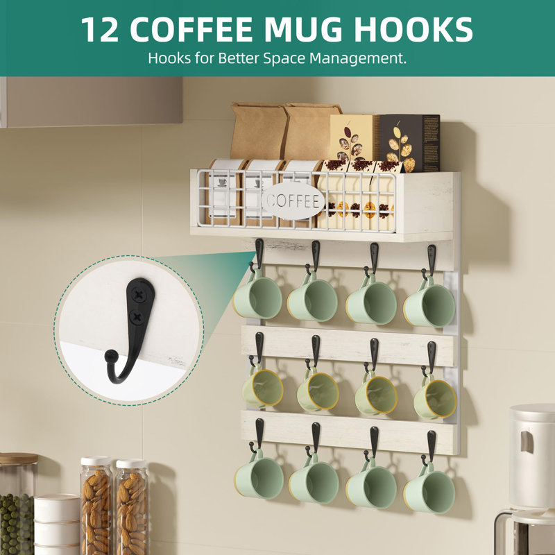Wall-Mounted Mug Holder with 12 Hooks, White