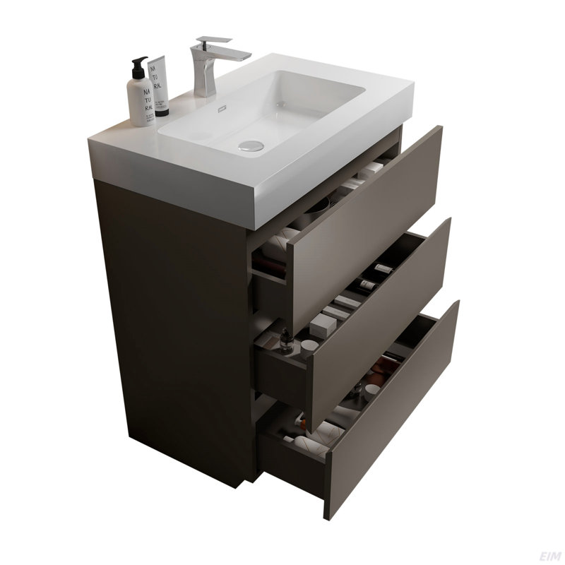 Meuble-lavabo de salle de bain avec lavabo, grand meuble-lavabo autoportant avec rangement, lavabo une pièce noir sans drain ni robinet, pré-assemblé