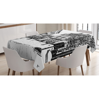Ambesonne Cityscape Tablecloth, Illustration Of Uzhgorod Cityscape Ukraine With Street And Historic Buildings, Rectangular Table Cover For Dining Room Kitchen Decor, 52" X 70", Black White
