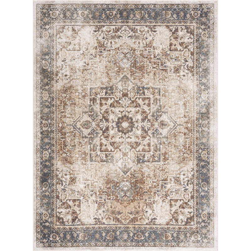 Light Blue and Beige Synthetic Washable Rectangular Area Rug