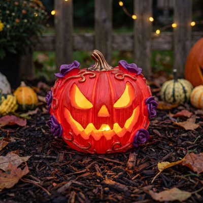 Décoration d'Halloween : Lampe citrouille lumineuse en résine, à piles, ornement de table effrayant pour la maison, la fenêtre, le foyer, les fêtes (plusieurs styles disponibles)
