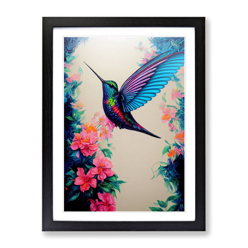 Fehling Hummingbird Flowers - Framed Print, Black, 46cm H x 34cm W x 2cm D