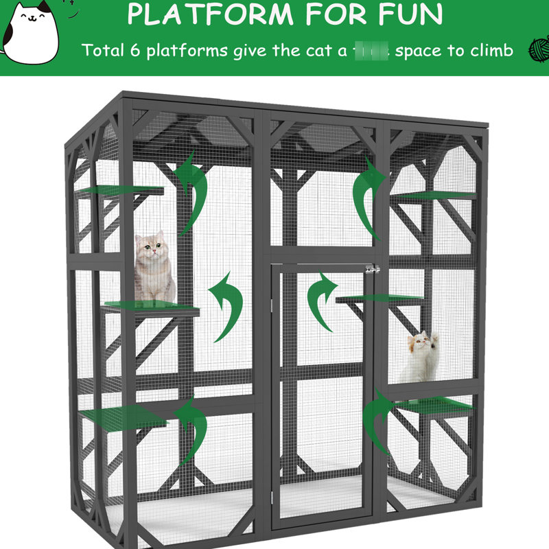 Six plateformes extérieures avec toit imperméable, bois et fil d'acier galvanisé, espace de vie agréable, plateformes de cage de chat grises, grillage métallique, cadre, gris