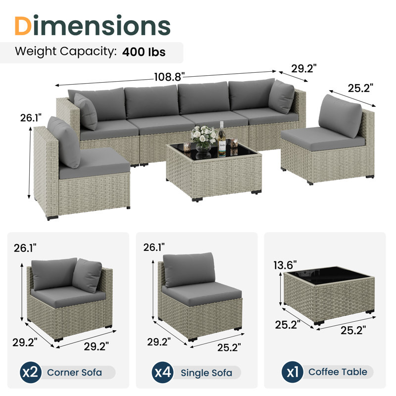 Demasi 6-Person Patio Furniture Set With Comfortable Cushions And Glass Table, Dark Gray