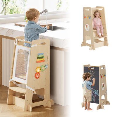 Tour debout pour tout-petits avec planche d'activité et réglage de la hauteur à 3 positions | Tabouret de cuisine avec marches antidérapantes et bords arrondis d'inspiration Montessori