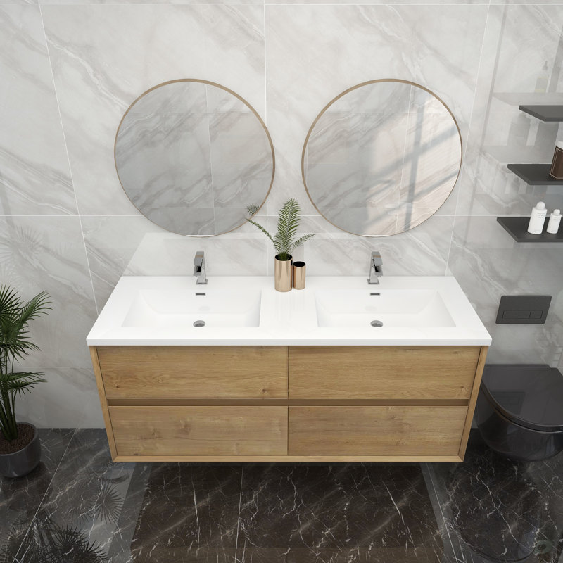 60'' Double Bathroom Vanity with Acrylic Top, Teak Oak