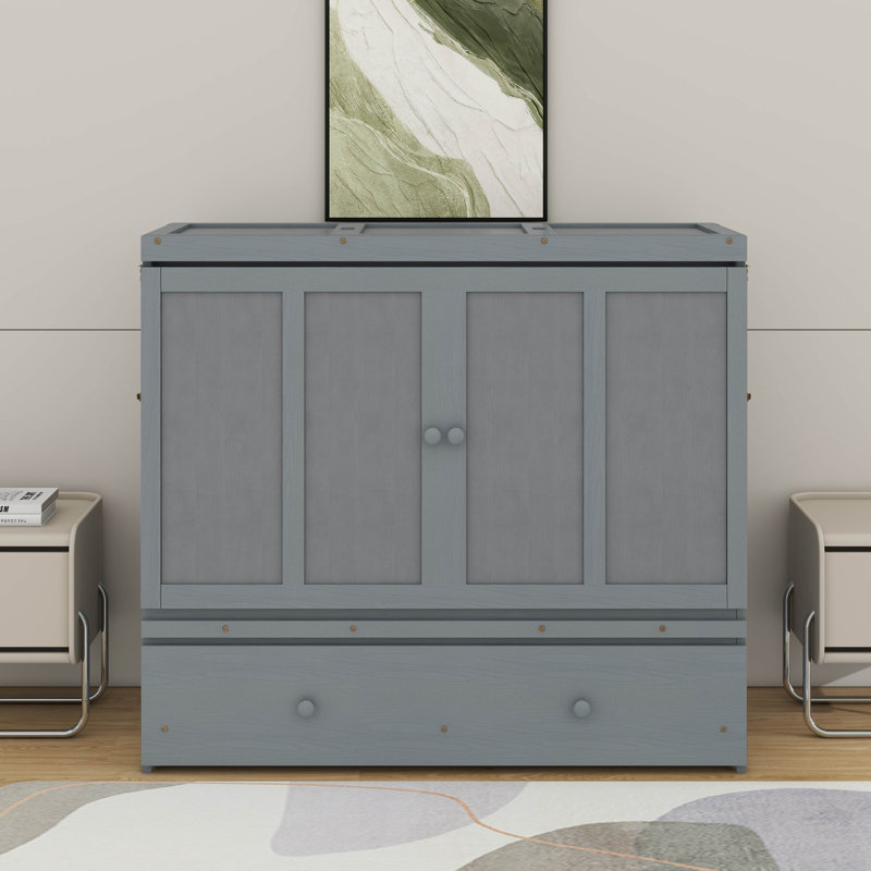 Lit escamotable double avec port USB et tiroir, Gris