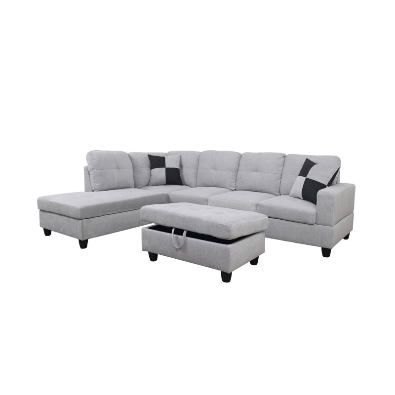 Plageman Upholstered Sectional Left Hand Facing, Marshmallow Gray Linen Blend
