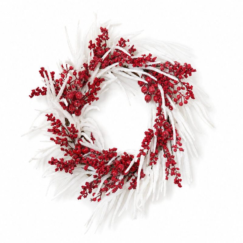 Couronne de manteau de porte de Noël en verre glacé à baies rouges et blanc Real Touch