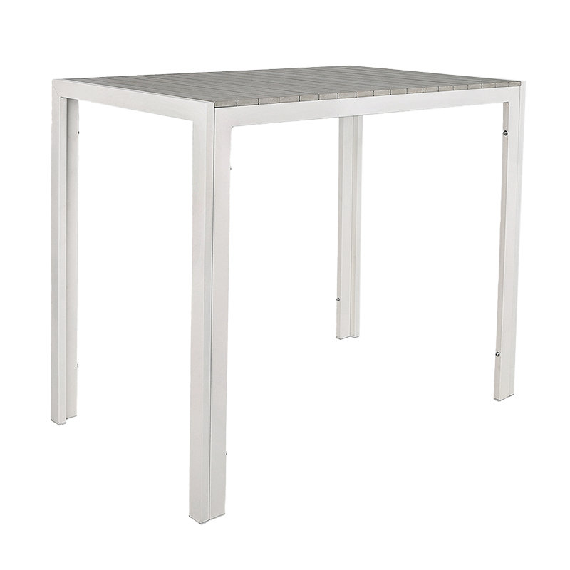 30"x48" Indoor/ Outdoor White Steel Bar-Height Table with Light Grey Imitation Teak Slat Top