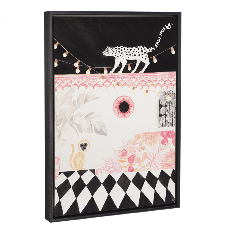 Art sur papier leopard et singe, H 60 po x l 40po x P 1,5 po, Toile avec cadre noir patiné