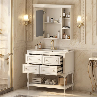 Meuble-lavabo de 36 po avec armoire à pharmacie, armoire à miroir moderne avec tablette réglable, armoire de rangement pour salle de bain à 4 tiroirs, armoire de rangement pour cadre de salle de bain en bois massif
