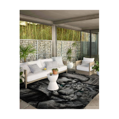 Black Toned Tiger and Woman Face Patterned Woven Base Washable Rug
