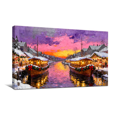 Christmas Winter Canal Boats Christmas Lights Snowy Village Sunset Sky Reflections