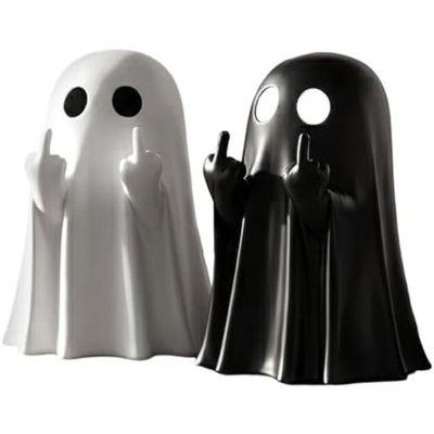 2 Pack Cute Finger Ghost Figurine, Cute Ghost Flipping Off Statue, Black And White Resin Halloween Decor For Desk, Funny Spooky Office Knick Knacks, Sassy Ghost Gifts For Home Shelf Bedroom