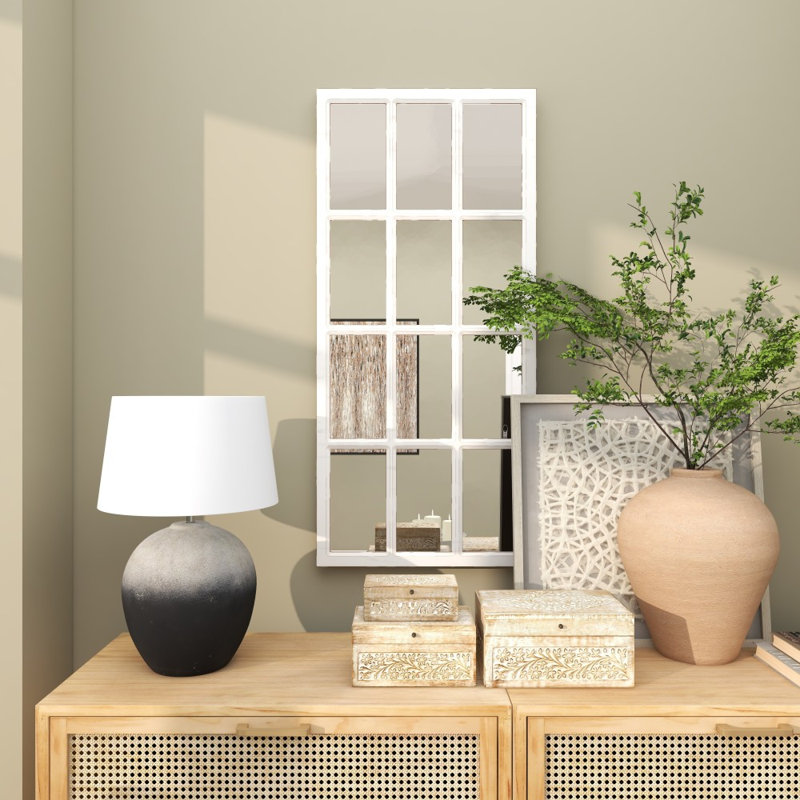 Wood Window Pane Inspired White Wall Mirror