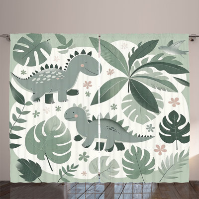 Ambesonne Curtains 2 Panel Set, Dinosaur and Jungle Leaves Sage Green White -  p_sd1833_108x63