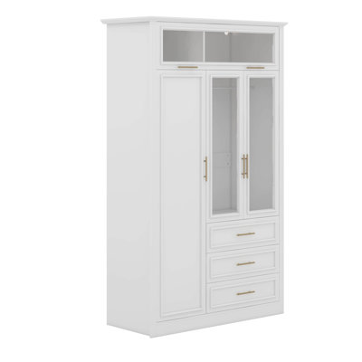 Modern Wardrobe Armoire With LED Lighting, Glass Doors, Drawers, Gold Handles by Latitude Run