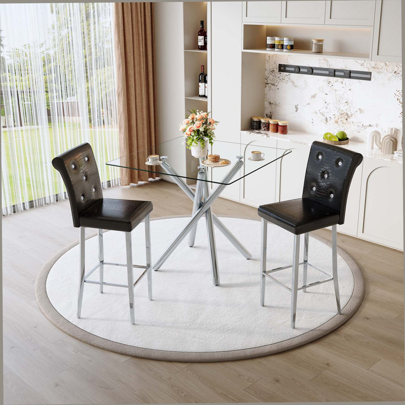 Ensemble de 2 tables de bar et tabourets de bar à hauteur fixe en verre Modern, Noir, Argent