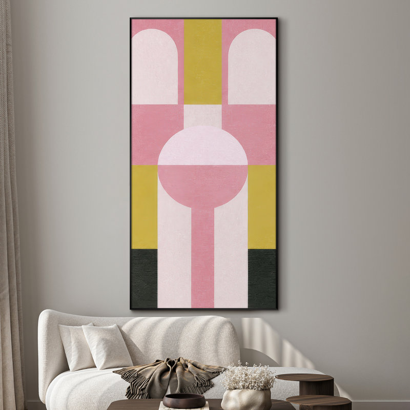 Très grand art mural imprimé sur tissu - Arches géométriques modernes dans des tons roses et moutarde pour le salon ou la chambre à coucher - «Assemblage requis du cadre (cadre non fini)»